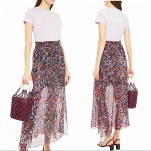 NOBO Pull On Asymmetrical Skirt Navy Blue Pink Ditsy Floral Ruffle